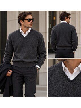 Daniel Bishop Men’s 100% Cashmere V-Neck Sweater Charcoal Gray Size S